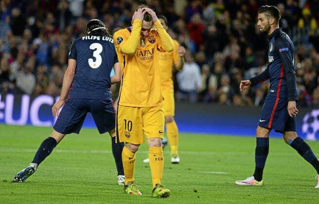 First leg of 1 4 Champions League 2015 2016 match between FC Barcelona Barca and Atletico Madrid. In this picture, Lionel Messi dejected. xADRIANxQUIROGAx 