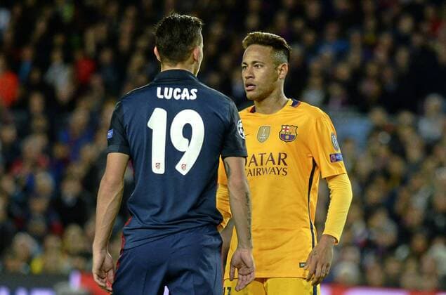 First leg of 1 4 Champions League 2015 2016 match between FC Barcelona Barca and Atletico Madrid. In this picture, Lucas and Neymar. xADRIANxQUIROGAx 