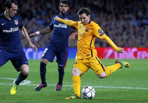 First leg of 1 4 Champions League 2015 2016 match between FC Barcelona Barca and Atletico Madrid. In this picture, Diego Godin and Lionel Messi. xFRANCESCxADELANTADOx 