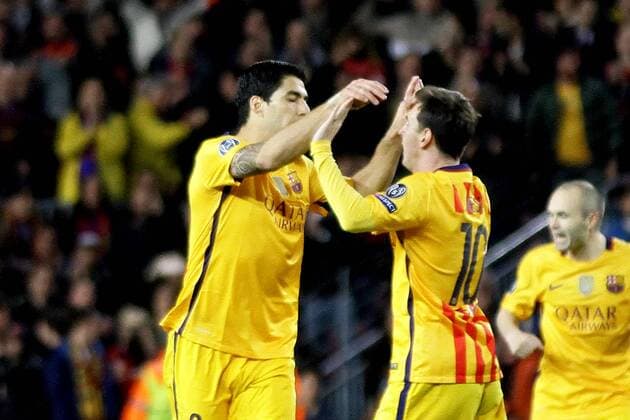 05.04.2016 Nou Camp, Barcelona, Spain. Uefa Champions League Quarter-finals 1st leg. FC Barcelona Barca against Atletico de Madrid. Suarez celebration after scoring his first goal with Messi xAngelxBoludax  ActionPlus11725368