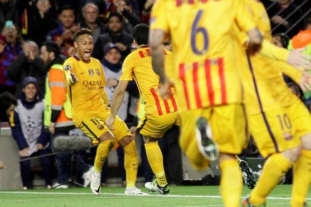 05.04.2016 Nou Camp, Barcelona, Spain. Uefa Champions League Quarter-finals 1st leg. FC Barcelona Barca against Atletico de Madrid. Neymar celebrating the second goal from Suarez in the 74th minite for 2-1 xAngelxBoludax  ActionPlus11725371
