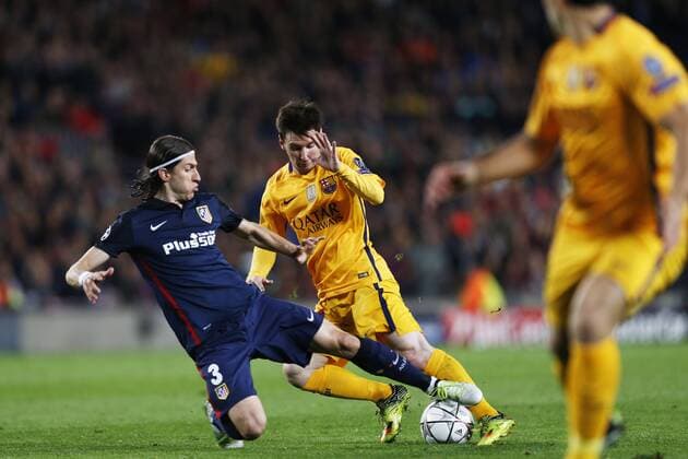 Filipe Luis (Atletico), Lionel Messi (Barcelona), APRIL 5, 2016 - Football Soccer : UEFA Champions League Quarter-finals 1st leg match between FC Barcelona Barca 2-1 Atletico de Madrid at Camp Nou stadium in Barcelona, Spain. Noxthirdxpartyxsales  (oqma018790)
