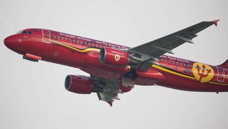 Illustration picture shows a Brussels Airlines airplane in the colors of the Red Devils, the Belgian national soccer team takes off Wednesday 06 April 2016 at Brussels airport in Zaventem. BENOITxDOPPAGNE  x04826795x