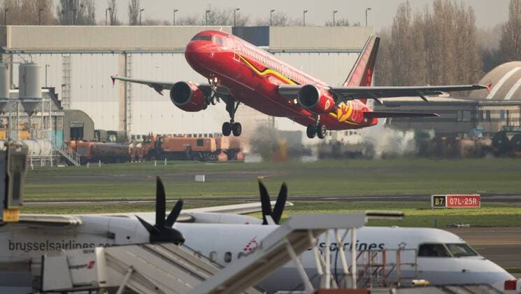Illustration picture shows a Brussels Airlines airplane in the colors of the Red Devils, the Belgian national soccer team takes off Wednesday 06 April 2016 at Brussels airport in Zaventem. BENOITxDOPPAGNE  x04826787x