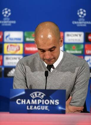 05.04.2016, Fussball Championsleague 2015 2016, Viertelfinale Hinspiel, FC Bayern München - Benfica Lissabon, in der Allianzarena München. Pressekonferenz nach dem Spiel: Trainer Pep Guardiola (FC Bayern München) nachdenklich. 