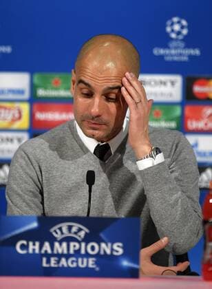 05.04.2016, Fussball Championsleague 2015 2016, Viertelfinale Hinspiel, FC Bayern München - Benfica Lissabon, in der Allianzarena München. Pressekonferenz nach dem Spiel: Trainer Pep Guardiola (FC Bayern München) nachdenklich. 