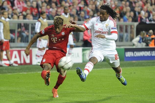 v.li:Kingsley COMAN (Bayern Muenchen),Renato Sanches (Lissabon),Aktion,Zweikampf. FC Bayern Muenchen-Benfica Lissabon 1-0. Fussball Champions League Viertelfinale am 05.04.2016. A L L I A N Z A R E N A.
