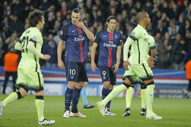 Zlatan Ibrahimovic (psg) tire son penalty et le loupe, Edinson Roberto Paulo Cavani Gomez (psg) (El Matador) (El Botija) (Florestan), David Silva (Manchester City FC) FOOTBALL : Paris St. Germain (PSG) vs Manchester City - Champions League - 06 04 2016 StephaneAllamanx 