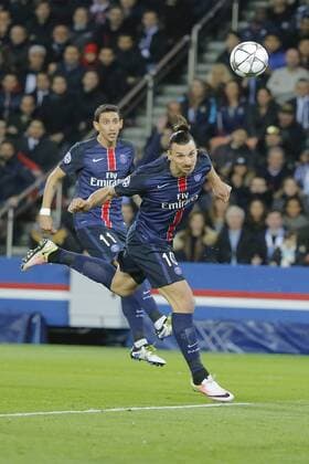 Zlatan Ibrahimovic (psg) fait une tete, Angel Di Maria (psg) FOOTBALL : Paris St. Germain (PSG) vs Manchester City - Champions League - 06 04 2016 StephaneAllamanx 