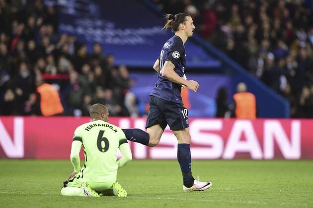 Jubel Zlatan Ibrahimovic (PSG) Torjubel Fernando Francisco Reges (Manchester City) FOOTBALL : Paris St. Germain (PSG) vs Manchester City - Champions League - 06 04 2016 JBAutissierx 