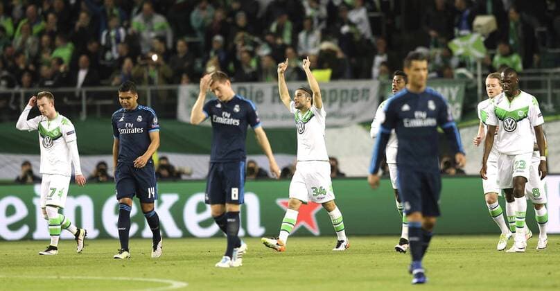 Foto: Torjubel bei Wolfsburg nach dem 1-0 durch Rodriguez , und in blau ein enttäuschter Toni Kroos Fussball - Championsleague am Mi. 06.04.2016 VfL Wolfsburg - Real Madrid