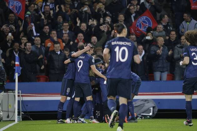 Adrien Rabiot (psg) inscrit un but, joie, Thiago Motta Santon Olivares (psg), Thiago Emiliano da Silva (psg), Marquinhos (psg) Marcos Aoas Correa, Edinson Roberto Paulo Cavani Gomez (psg) (El Matador) (El Botija) (Florestan), Zlatan Ibrahimovic (psg) FOOTBALL : Paris St. Germain (PSG) vs Manchester City - Champions League - 06 04 2016 StephaneAllamanx 