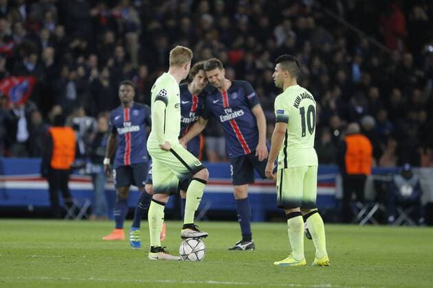Adrien Rabiot (psg) Jubel suite a son but, Thiago Motta Santon Olivares (psg), Kevin De Bruyne (Manchester City FC), Sergio Kun Aguero (Manchester City FC) FOOTBALL : Paris St. Germain (PSG) vs Manchester City - Champions League - 06 04 2016 StephaneAllamanx 