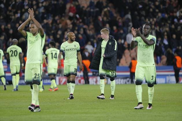 Fabian Delph (Manchester City FC), Kevin De Bruyne (Manchester City FC) FOOTBALL : Paris St. Germain (PSG) vs Manchester City - Champions League - 06 04 2016 StephaneAllamanx 
