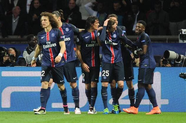 DAVID LUIZ (psg) - EDINSON CAVANI (psg) - ADRIEN RABIOT (psg) - SERGE AURIER (psg) - Jubel FOOTBALL : Paris St. Germain (PSG) vs Manchester City - Champions League - 06 04 2016 FEPx 