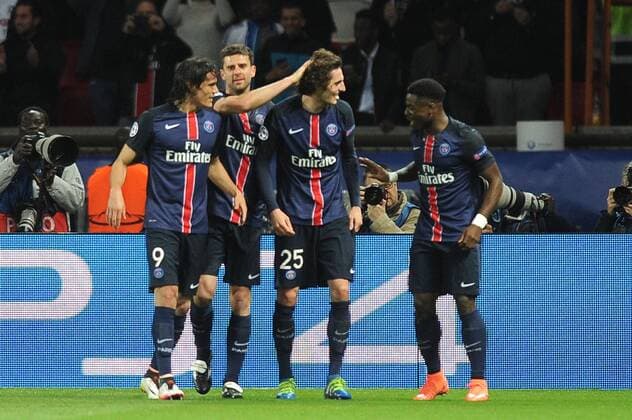 THIAGO MOTTA (psg) - EDINSON CAVANI (psg) - ADRIEN RABIOT (psg) - SERGE AURIER (psg) - Jubel FOOTBALL : Paris St. Germain (PSG) vs Manchester City - Champions League - 06 04 2016 FEPx 