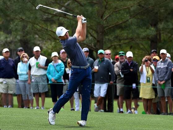 April 6, 2016 - Augusta, GA, USA - Jordan Spieth follows through on a shot from the 15th fairway during a practice round on Wednesday, April 6, 2016, at Augusta National Golf Club in Augusta, Ga. First round action of The Masters tournament begins on Thursday. Spieth is the defending champion. Masters practice - ZUMAm67_