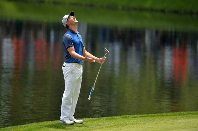 Bryson DeChambeau reacts on the ninth green during the Par Three Contest at the 2016 Masters Tournament at Augusta National in Augusta, Georgia on April 6, 2016.  AUG20160406324 KEVINxDIETSCH