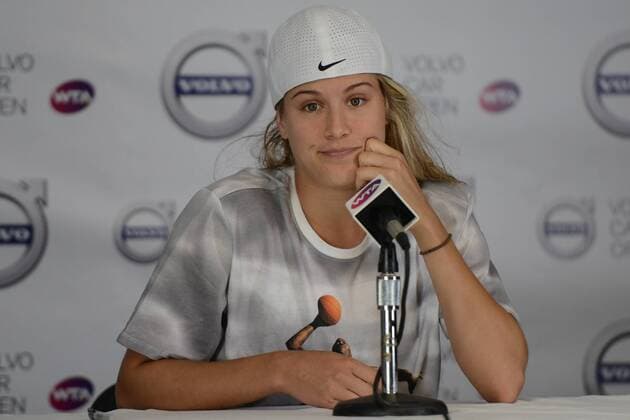 April 6, 2016 - Charleston, South Carolina, United States - EUGENIE BOUCHARD of Canada speaks to the media after withdrawing from the Volvo Car Open due to an injury Tennis 2016 - Volvo Car Open - Day 3 - ZUMAl132