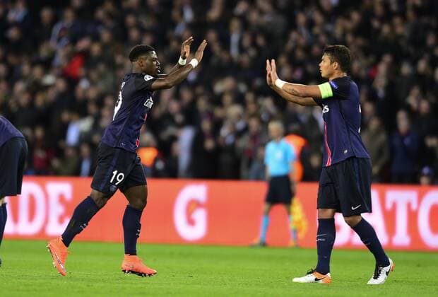 Serge Aurier ( PSG ) - Thiago Silva ( PSG ) FOOTBALL : Paris St. Germain (PSG) vs Manchester City - Champions League - Paris - 06 04 2016 FedericoPestellinix 