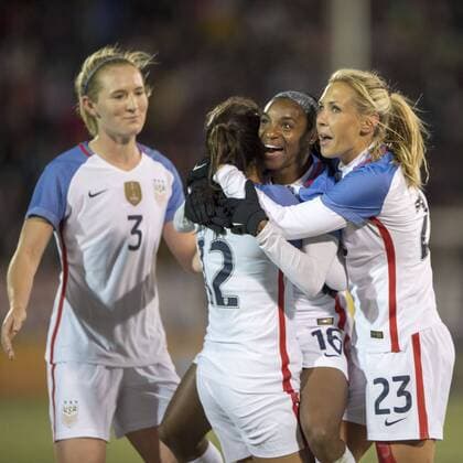 April 6, 2016 - East Hartford, Connecticut, U.S - United States of America midfielder SAMANTHA MEWIS (3), United States of America midfielder ALLIE LONG (23) and United States of America forward CRYSTAL DUNN (16) celebrates with goal scorer United States of America forward CHRISTEN PRESS (12) in the 74th minute at Pratt & Whitney Stadium in East Hartford, CT Soccer 2016 - International Friendly Länderspiel U.S. Women s national team Nationalteam vs. Colombia 7-0. - ZUMAs192