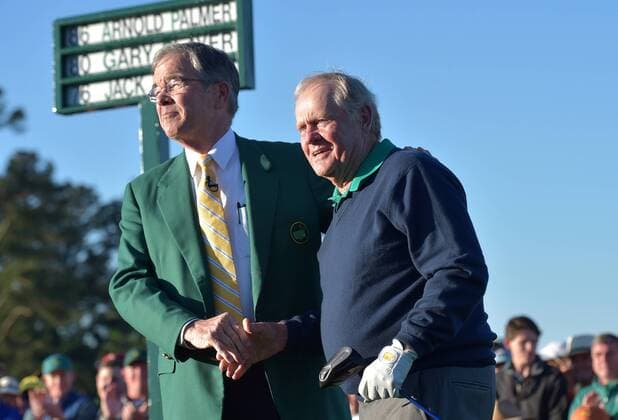 Chairman of Augusta National Golf Club Billy Payne stands with Honorary starter Jack Nicklaus on the first tee box at the 2016 Masters Tournament at Augusta National in Augusta, Georgia on April 7, 2016.  AUG20160407108 KEVINxDIETSCH