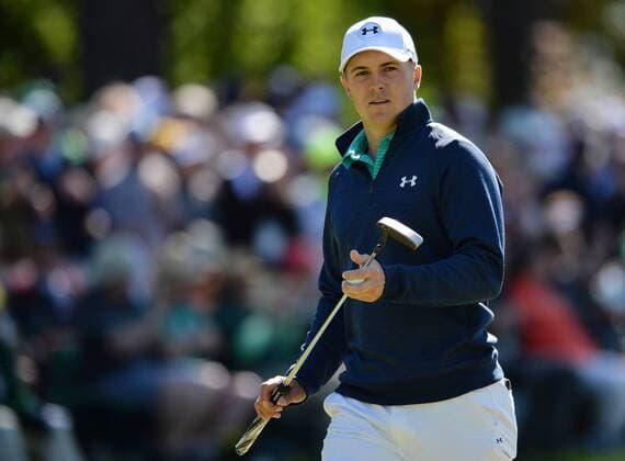 Jordan Spieth holds his putter as he walks on the 3rd green in the first round of the 2016 Masters Tournament at Augusta National in Augusta, Georgia on April 7, 2016.  MAS20160407130 KEVINxDIETSCH
