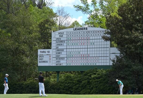 Paul Casey of England and Bryson DeChambeau watch Jordan Spieth putt on the 11th hole in the first round of the 2016 Masters Tournament at Augusta National in Augusta, Georgia on April 7, 2016.  MAS20160407149 KEVINxDIETSCH