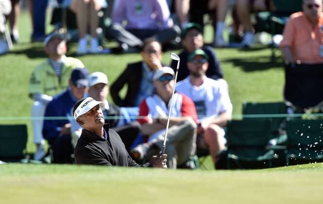 April 7, 2016 - Augusta, GA, USA - Vijay Singh plays a shot from a bunker on the second hole during the first round of the Masters Golf Tournament on Thursday, April 7, 2016, at Augusta National Golf Club in Augusta, Ga. Master s - ZUMAm67_