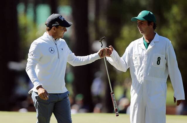 April 7, 2016 - Augusta, GA, USA - Emiliano Grillo fist bumps caddie Jose Luis Campo following a birdie on the third green during the first round of the Masters Golf Tournament on Thursday, April 7, 2016, at Augusta National Golf Club in Augusta, Ga. Master s - ZUMAm67_
