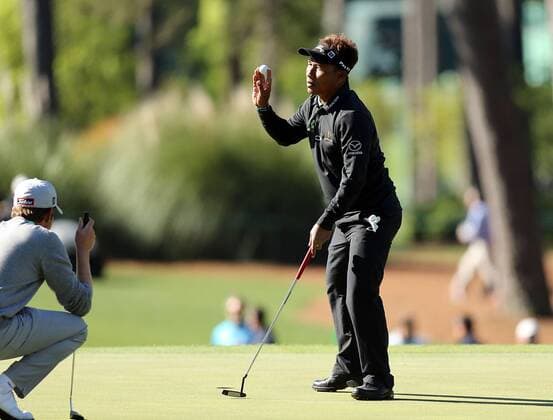 April 7, 2016 - Augusta, GA, USA - Thongchai Jaidee sinks his putt on the third green to go 2-under during the first round of the Masters Golf Tournament on Thursday, April 7, 2016, at Augusta National Golf Club in Augusta, Ga. Master s - ZUMAm67_