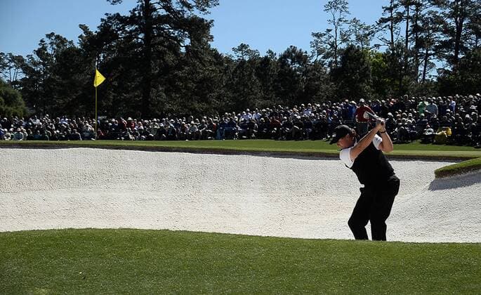 April 7, 2016 - Augusta, GA, USA - Phil Mickelson plays a shot from a bunker on the second hole during the first round of the Masters Golf Tournament on Thursday, April 7, 2016, at Augusta National Golf Club in Augusta, Ga. Master s - ZUMAm67_