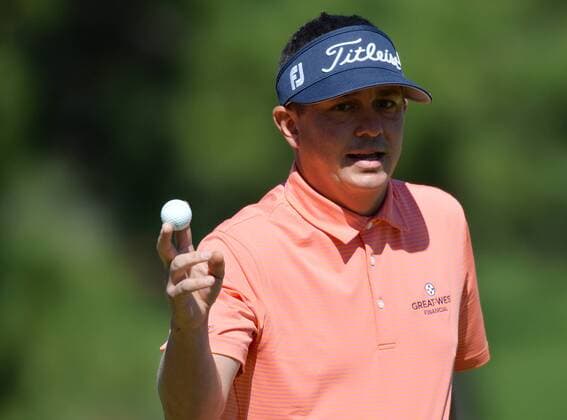 Jason Dufner reacts after a par putt on the 7th hole in the first round of the 2016 Masters Tournament at Augusta National in Augusta, Georgia on April 7, 2016.  MAS20160407162 KEVINxDIETSCH