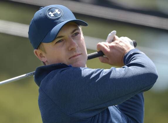Jordan Spieth hits his tee shot on the first hole in the second round of the 2016 Masters Tournament at Augusta National in Augusta, Georgia on April 8, 2016.  MAS20160408116 KEVINxDIETSCH