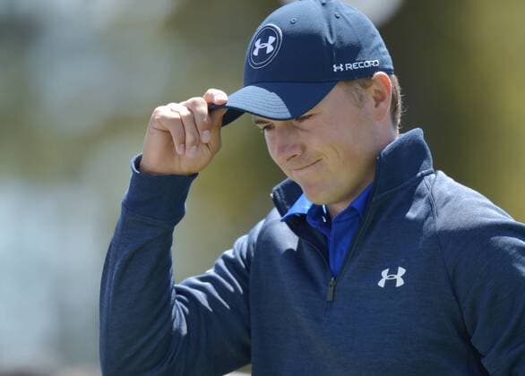 Jordan Spieth tips his cap on the first hole tee box in the second round of the 2016 Masters Tournament at Augusta National in Augusta, Georgia on April 8, 2016.  MAS20160408117 KEVINxDIETSCH