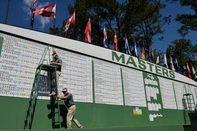 A worker pushes a ladder to update the score board in the second round of the 2016 Masters Tournament at Augusta National in Augusta, Georgia on April 8, 2016. Tom Watson announced that this 2016 Masters will be his last.  MAS20160408111 KEVINxDIETSCH