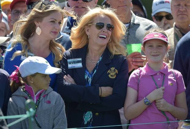 Hilary Watson watches her husband Tom Watson tee off on the first hole in the second round of the 2016 Masters Tournament at Augusta National in Augusta, Georgia on April 8, 2016. Tom Watson announced that this 2016 Masters will be his last.  MAS20160408128 KEVINxDIETSCH