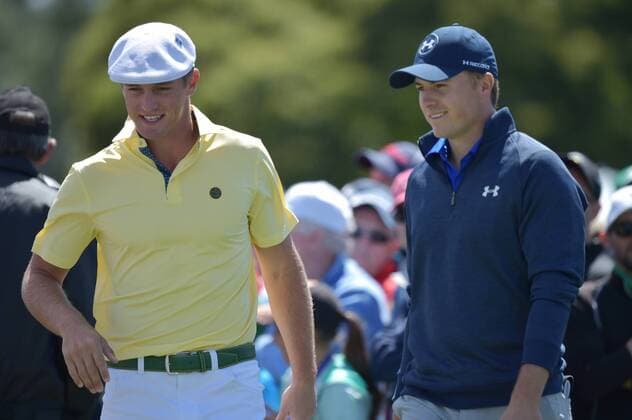 Jordan Spieth and Bryson DeChambeau smile on the first hole tee box in the second round of the 2016 Masters Tournament at Augusta National in Augusta, Georgia on April 8, 2016.  MAS20160408119 KEVINxDIETSCH