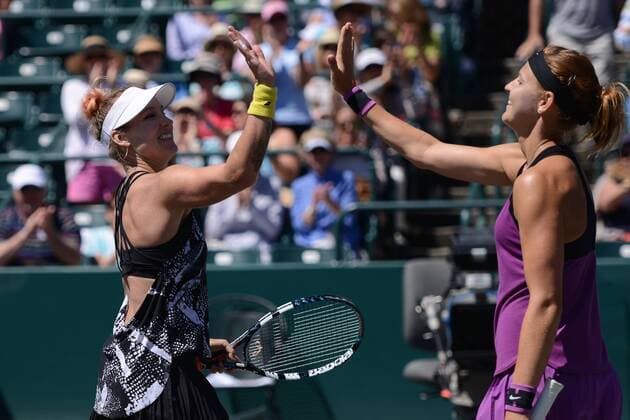 April 8, 2016 - Charleston, South Carolina, United States - LUCIE SAFAROVA (right) and BETHANIE MATTEK-SANDS celebrate winning their doubles match vs. G. Dabrowski and D. Jurak at the Volvo Car Open Tennis 2016 - Volvo Car Open - Day 5 - ZUMAl132