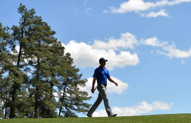 Jordan Spieth walks to the 4th green in the second round of the 2016 Masters Tournament at Augusta National in Augusta, Georgia on April 8, 2016.  MAS20160408138 KEVINxDIETSCH