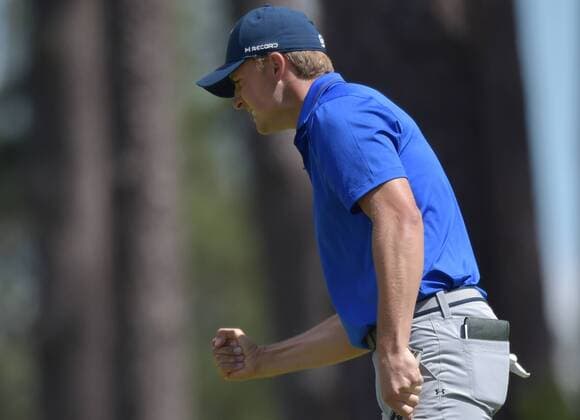 Jordan Spieth reacts after sinking a putt on the 6th hole in the second round of the 2016 Masters Tournament at Augusta National in Augusta, Georgia on April 8, 2016.  MAS20160408152 KEVINxDIETSCH