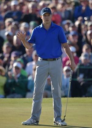 Jordan Spieth reacts making a putt for par on the18th green in the second round of the 2016 Masters Tournament at Augusta National in Augusta, Georgia on April 8, 2016.  MAS20160408175 KEVINxDIETSCH