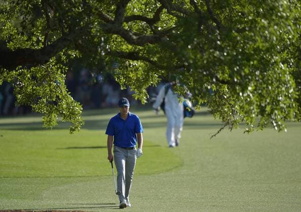Jordan Spieth walks up the 18th fairway in the second round of the 2016 Masters Tournament at Augusta National in Augusta, Georgia on April 8, 2016.  MAS20160408172 KEVINxDIETSCH