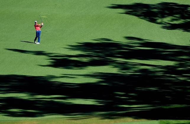 April 8, 2016 - Augusta, GA, USA - Shadows linger over the 2nd fairway as Jason Day hits his second shot during the second round of the 80th Masters at the Augusta National Golf Club on Friday, April 8, 2016, in Augusta, Ga. Masters Tournament - ZUMAm67_