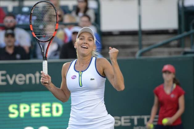 April 8, 2016 - Charleston, South Carolina, United States - ELENA VESNINA of Russia celebrates winning her match vs. L. Siegmund at the Volvo Car Open Tennis 2016 - Volvo Car Open - Day 5 - ZUMAl132