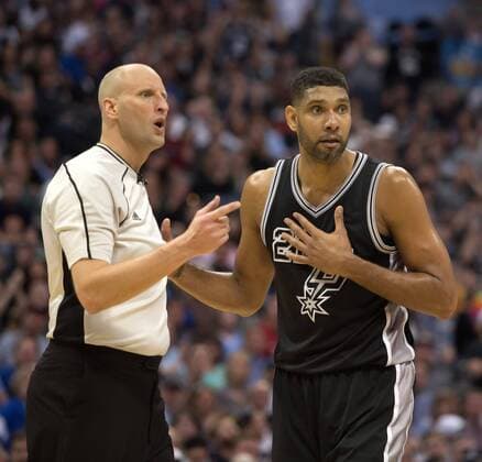 April 8, 2016 - Denver, Colorado, U.S - Spurs TIM DUNCAN, right, can t believe he was called for goal tending during the 2nd. Half at the Pepsi Center Friday night. The Nuggets beat the Spurs 102-98. NBA Basketball Herren USA 2016 - Nuggets beat the Spurs 102-98. - ZUMAav4_