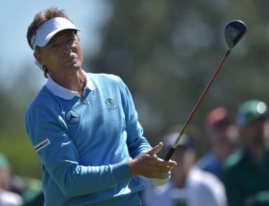 Bernhard Langer of Germany hits his tee shot on the 8th hole in the third round of the 2016 Masters Tournament at Augusta National in Augusta, Georgia on April 9, 2016.  MAS20160409112 KEVINxDIETSCH