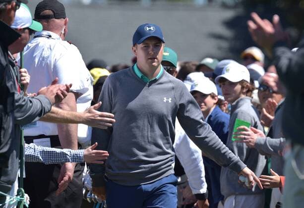 Fans greet Jordan Spieth as he arrives at the first hole tee box in the third round of the 2016 Masters Tournament at Augusta National in Augusta, Georgia on April 9, 2016.  MAS20160409118 KEVINxDIETSCH
