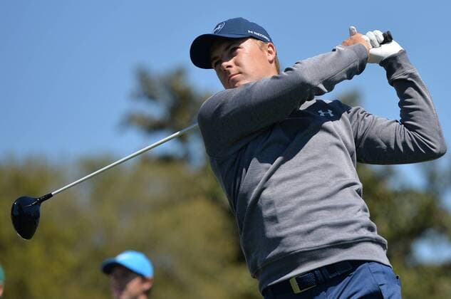 Jordan Spieth hits his tee shot on the first hole in the third round of the 2016 Masters Tournament at Augusta National in Augusta, Georgia on April 9, 2016.  MAS20160409104 KEVINxDIETSCH
