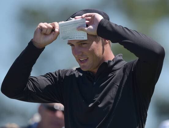 Bryson DeChambeau stands on the first hole tee box in the third round of the 2016 Masters Tournament at Augusta National in Augusta, Georgia on April 9, 2016.  MAS20160409124 KEVINxDIETSCH